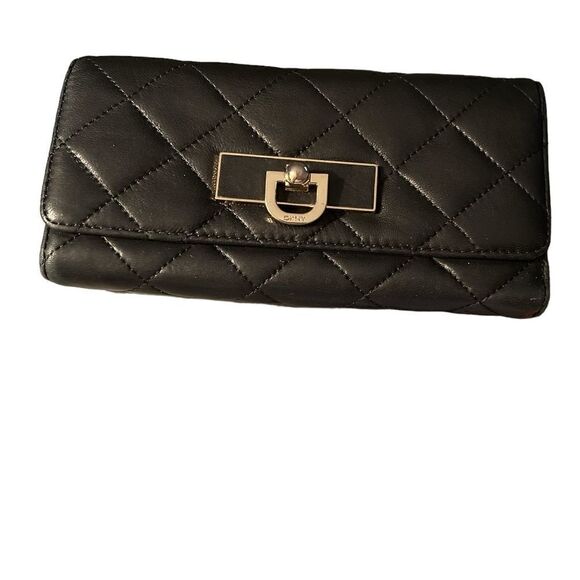 DKNY Black Leather Quilted Wallet Goldtone Logo Hardware VTG - Picture 1 of 5